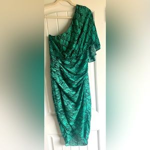 Vestique Dress size Medium, green with a snakeskin pattern, one shoulder, midi